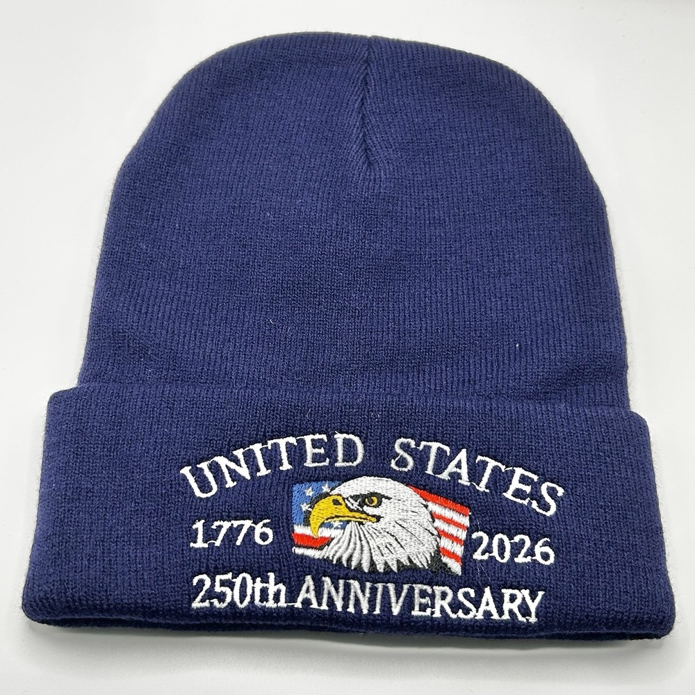 United States of American 250 Years USA Flag Beanie Hat Cap Knit Cuff Blue